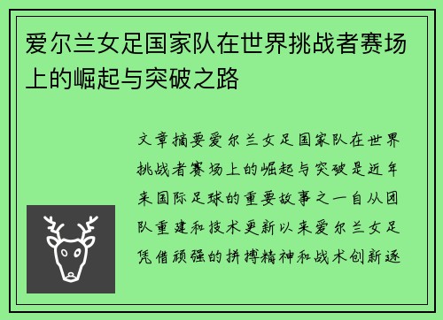 爱尔兰女足国家队在世界挑战者赛场上的崛起与突破之路