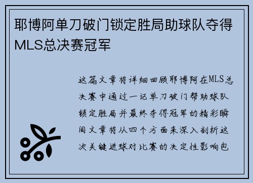 耶博阿单刀破门锁定胜局助球队夺得MLS总决赛冠军